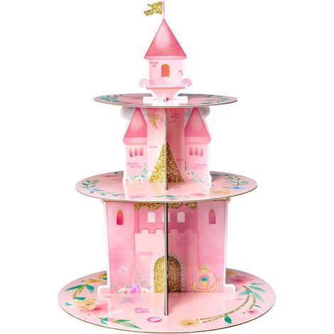 Présentoir à cupcakes JeiibrZui rose aquarelle - Tour à desserts princesse à 3 étages en carton - 1 ensemble avec décoration pour gâteau - Rose pour les fêtes d'anniversaire et les baby showers (1/5)