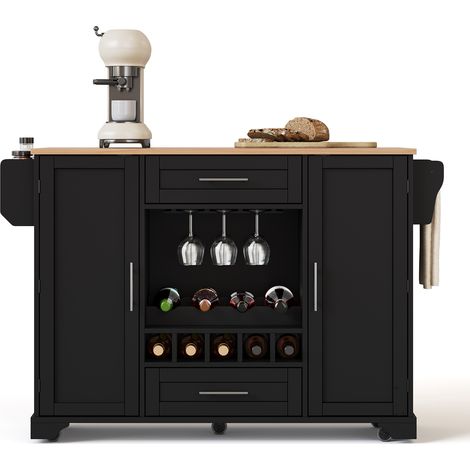 Chariot de cuisine avec plan de travail rabattable, îlot de cuisine sur roulettes avec casier à vin, porte-verres, range-épices et porte-serviettes, 120x45/70x92cm, noir – chariot de service multifonc (1/5)