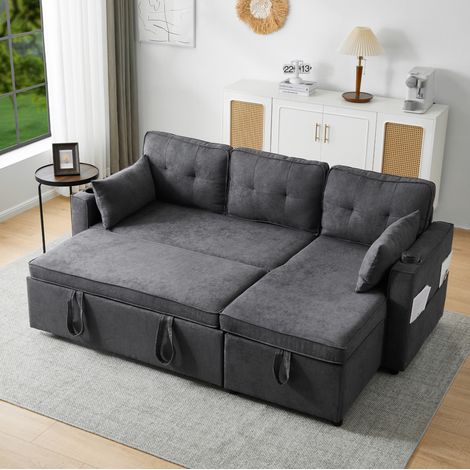 Divano letto, divano angolare, divano da 3 posti con vano portaoggetti e portabicchieri, tasca laterale, in lino, grigio (1/5)
