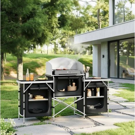 Chariot de cuisine pliant 175x40x110 cm en aluminium noir, avec rangement pour camping FloraGrace (1/5)