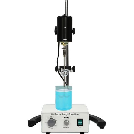 Agitador mecánico, 100 W de potencia, rango de velocidad de 0 a 3000 RPM, temporizador ajustable de 0 a 120 minutos, material de acero inoxidable, ideal para uso en laboratorio.