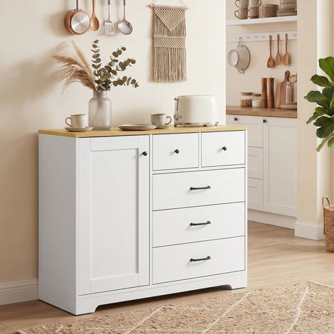 Buffet cuisine meuble rangement 5 tiroirs porte rustique 100x40x94 cm blanc. Buffet cuisine avec 5 tiroirs pour un rangement complet, sobre et fonctionnel. (1/5)