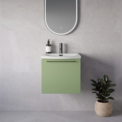Napoli 390 Olive Green 500mm Wall Mounted Single Drawer Vanity Unit with Arc Basin - 500mm - Gunmetal Grey 320mm Handle