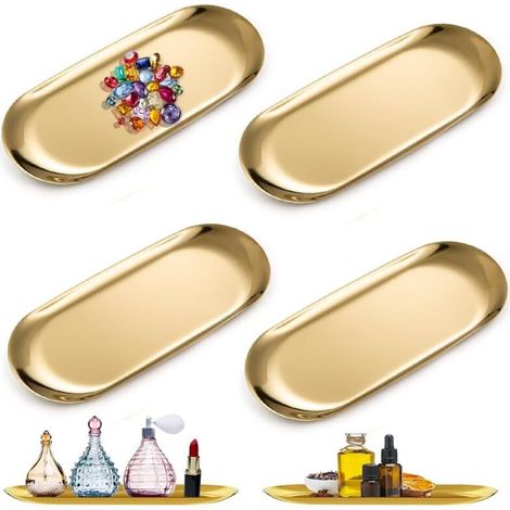 4-teiliges goldenes Tablett-Set, ovales Tablett, goldenes Aufbewahrungstablett, Aufbewahrungstablett aus Edelstahl für Snacks, Obst, Kerzen, Süßigkeiten, Schlüssel, Kosmetikartikel, Schmuck