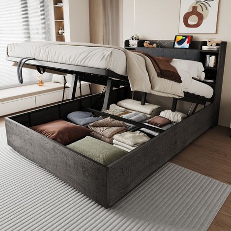 Cama con almacenamiento 180x200 cm con cabecero, puertos USB y Type-C, en madera gris, sin colchón (1/5)