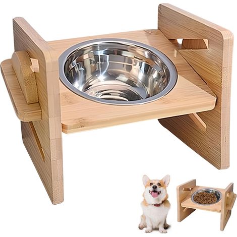 Gamelle surélevée à 4 hauteurs : mangeoire en bois avec gamelle en acier inoxydable, mangeoire pour chien, gamelle réglable pour chiens de grande taille et moyenne (1/3)