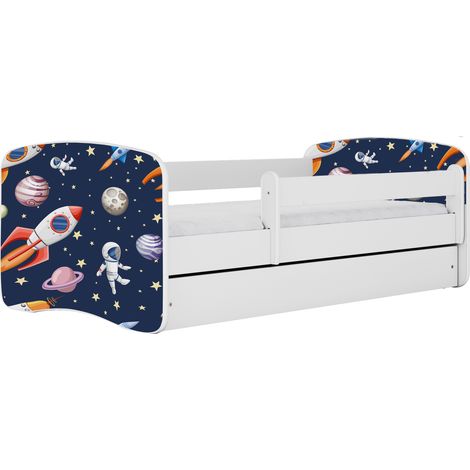 Kinderbett 70 × 140 cm mit Schublade und Rausfallschutz mit Matratze Weiß motif Espace (1/4)
