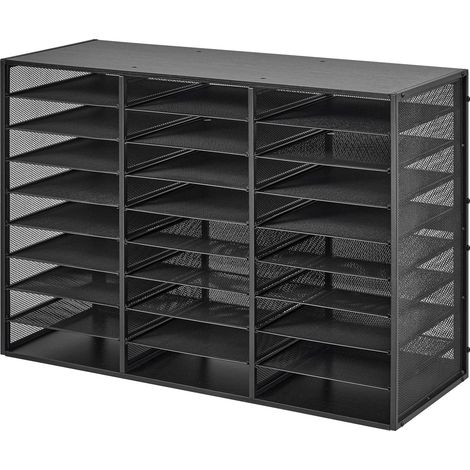 Organisateur de courrier 27 casiers en métal noir avec dessus en bois et grille métallique amovible, trieur de documents pour bureau et maison, rangement pour fichiers et papiers (1/5)