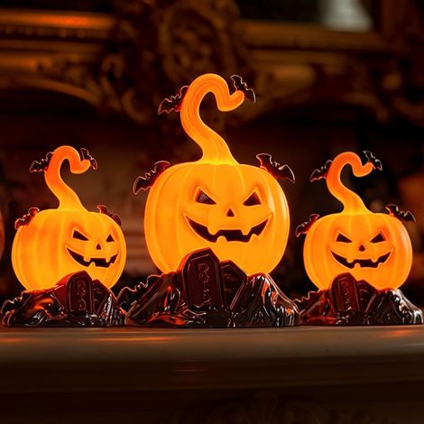 (3 Pièces) Decoration Halloween Interieur Exterieur, Deco Halloween Citrouille Lumineuse LED, Citrouille de Décoration,Automne Deco Halloween (1/5)
