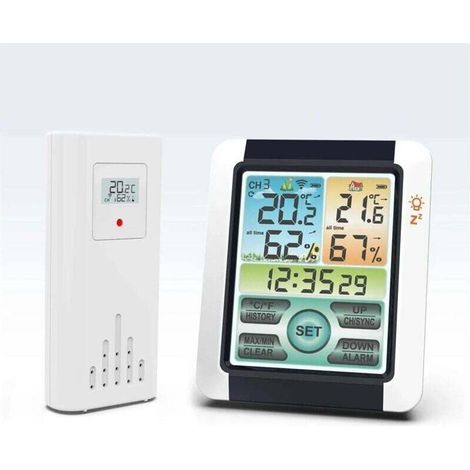 Wetterstation, 1 Set aus drahtlosem Innen-/Außenthermometer und Feuchtigkeitssensor, Farbwetteruhr mit großem LCD-Touchscreen XXW (1/4)