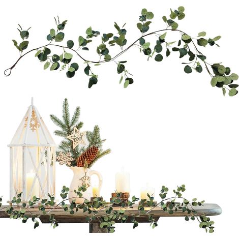 Guirlande D'Eucalyptus  Guirlande De Lierre D'Eucalyptus 1.8m,Artificielle avec Lumières à Piles pour Escalier - Décoration Maison Cheminée Porche Fête Ferme (1/5)