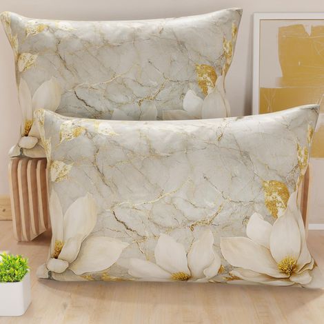 Lot de 2 Taies d'Oreillers 50x70 cm 100% Microfibre Hypoallergénique, Housse Oreiller Rectangulaire Motif Floral Marbre Doré, Paquet de 2