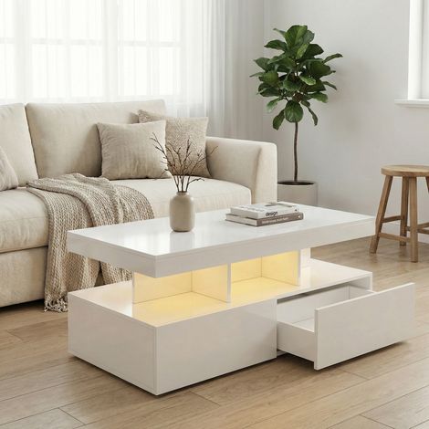 Table basse fixe LED 104x53cm, Table de salon rectangulaire avec 2 tiroirs et rangement, Meuble de salon design laqué haute brillance, Blanc