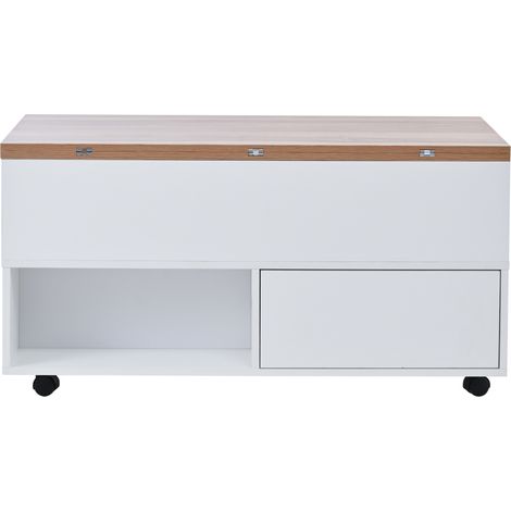 Table basse multifonctionnelle blanche et bois 100 x 50 x 52 cm avec 4 roulettes et 4 tiroirs, plateau relevable jusqu'à 100 x 100 cm (1/5)