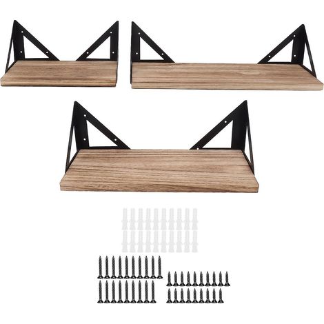 Ensemble de 3 étagères murales flottantes en bois, supports triangulaires en fer pour le rangement - AquaForge (1/5)