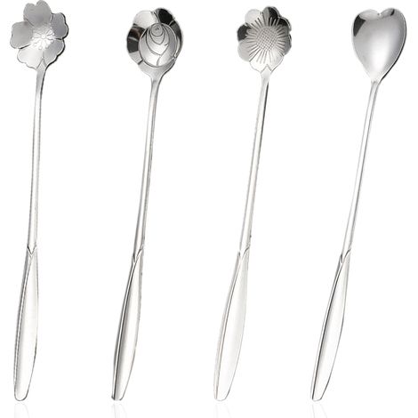 Cuillère À Café - Cuillère À Dessert En Acier Inoxydable - Longueur 18 Cm - Forme Fleurie - 8 Pièces (1/5)