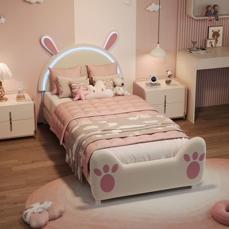 Lit 90x200 cm,lit simple 90x200,lit princesse,lit fille,lit enfant,lit adulte,avec sommier à lattes,tissu en velours,Rose (1/5)