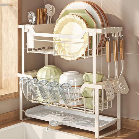 Two-Tier Iron Dish Drainer, Quick Assembly, Compact for Sink and Countertop, White (1/5)