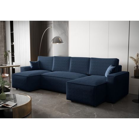Canapé panoramique convertible AMBRI en velours côtelé – 6 places - 300 cm - Bleu (1/5)