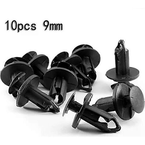 Lot de 10 rivets en plastique noir de 9 mm pour carrosserie, pare-chocs et ailes. Fixations par pression. Dimensions : 39 x 18 mm. (1/5)