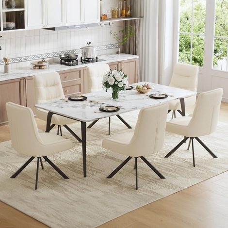Drehstuhl Esszimmer 6er Set, 360° drehbar, Chenille Polsterstuhl, Beige (1/5)