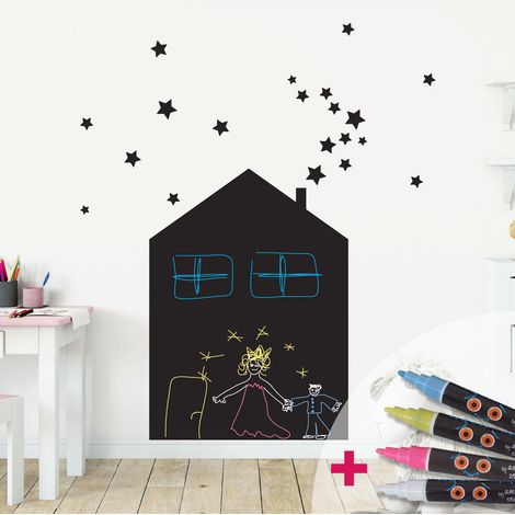 Sticker ardoise tableau noir - stickers muraux adhésif effaçable - MAISON ET 20 ÉTOILES + 4 CRAIES LIQUIDES - 35x25cm (1/4)
