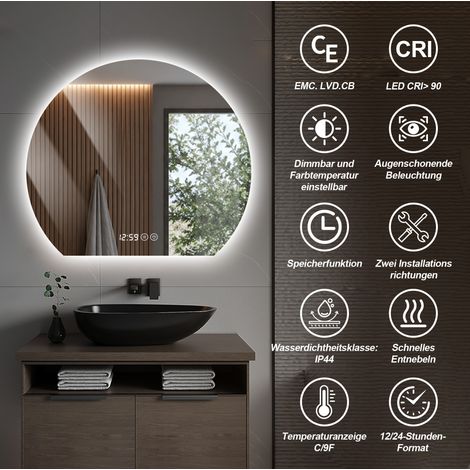 Specchio LED rotondo da bagno 80 cm antiappannamento, dimmer 3 temperature, argento OKMYHOME (1/5)