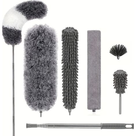 Set di 7 panni in microfibra telescopici, kit di pulizia con manico in acciaio inox lavabile, testine rimovibili, mocio per la polvere (1/4)
