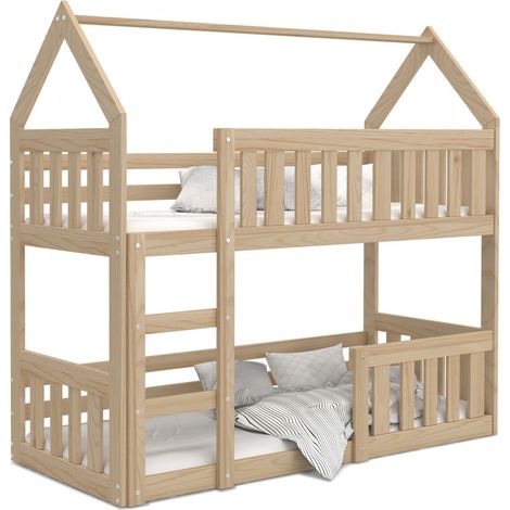 Lit superposé cabane mini 80x160 cm en pin – 2 sommiers FLEX inclus – Barrière de sécurité – Montage échelle à droite ou gauche – Kids Literie