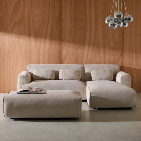 Pouf. module pour canapé. repose-pieds pour canapé d'angle 2 places en velours côtelé greige. L 123 x P 60 x H 41cm - Wallas