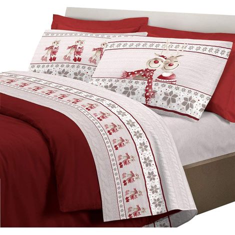 Completo letto lenzuola con stampa fotografica motivo Renna 100% cotone made in italy Rosso - 1 Piazza e mezza