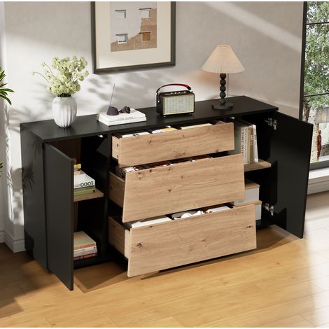 Aparador 140x35x70 cm de MDF negro y efecto madera, 2 puertas y 3 cajones – MEUBLIV (1/5)