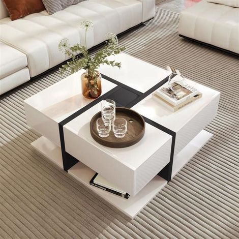 Table basse - GUTENT - Carrée - 4 tiroirs - Finition brillante - Style scandinave moderne