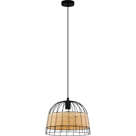 Sospensione Rustica-Country Anwick Metallo Nero E Rattan 1 Luce E27