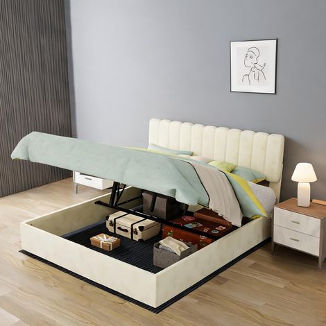 Tête de lit beige en tissu métal 200 x 160 x 156 cm (1/5)
