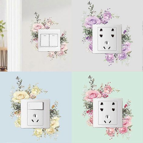 Lot de 4 autocollants décoratifs floraux pour interrupteurs (240 x 144 x 0,2 mm), en PVC coloré et imperméable. Décoration murale florale pour chambre et salle de bain. (1/3)