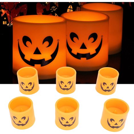 Bougies d'Halloween, bougies cylindriques sans flamme à effet vacillant, bougies LED à piles, bougies à tête de fantôme, bougies de fête, décorations d'Halloween. (1/5)