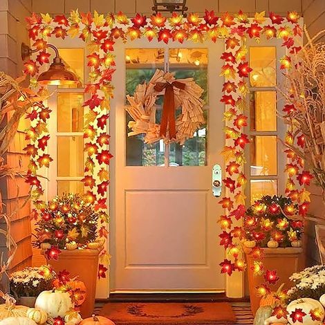 Lot de 2 guirlandes lumineuses d'automne à feuilles d'érable multicolores, 6,096 m / 40 LED, alimentation à piles. Déco intérieur/extérieur : maison, porche, table, mariage, Thanksgiving, Noël. (1/5)