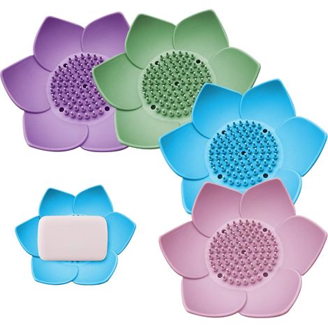Set mit 4 rutschfesten Silikon-Seifenschalen in Blumenform mit automatischem Abfluss, für Badezimmer- und Küchenspüle (1/5)