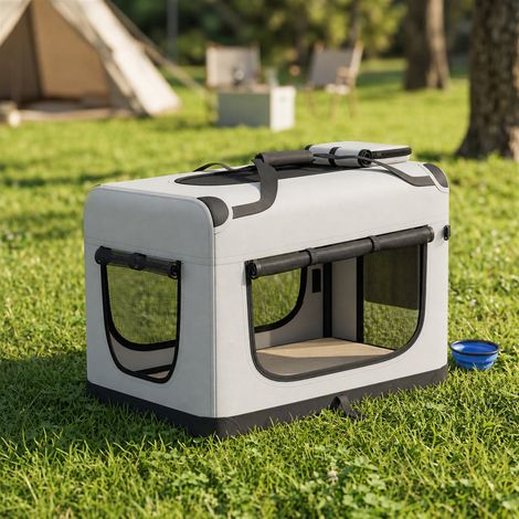 Grand Sac Transport Chat Chien Plaible Respirant Sangle Sécurité Coussin Lavable Gamelle Pliable 70x52x50cm Gris Clair (1/5)