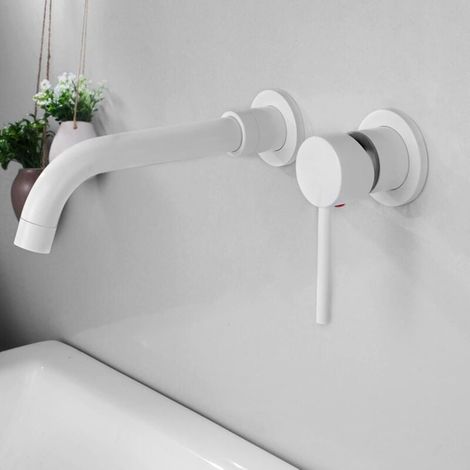 Miscelatore per lavabo a parete Ulisem girevole a 360°, rubinetto per bagno per vasca e lavandino, design moderno, rubinetto per lavabo a parete, bianco (1/4)