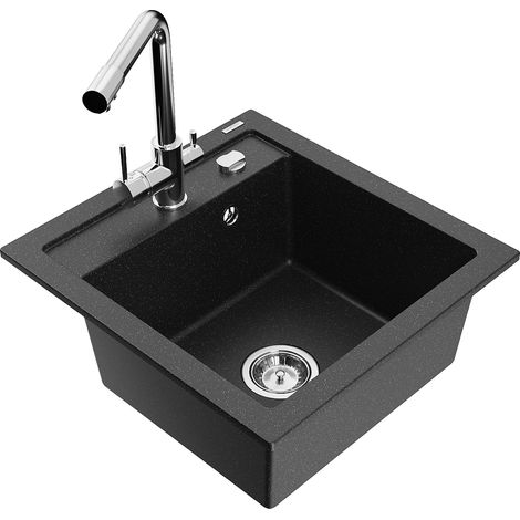 Mexen Vito 1-Becken-Granit-Spüle mit Mischbatterie Duero, Schwarz/Silbermetallic - 6503-73-671600-00