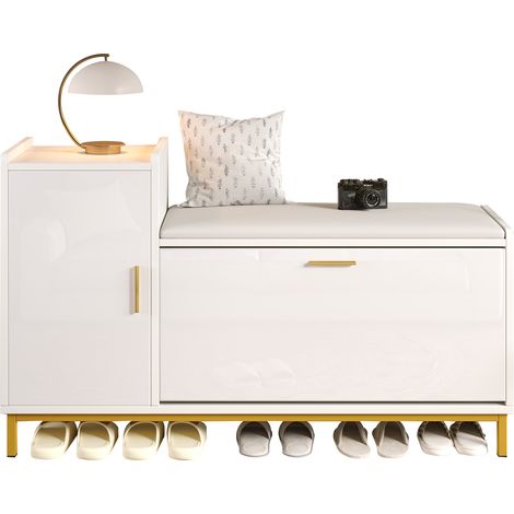 Meuble à chaussures 100 x 38 x 68 cm avec 2 compartiments et 1 placard, banc à chaussures laqué brillant avec assise rembourrée et espace de rangement, pieds métalliques, adapté au salon, au couloir e (1/5)