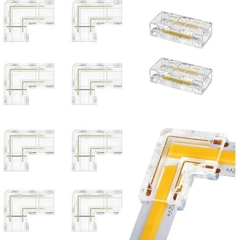 10 Pièces Connecteurs pour Ruban, 8mm 2 Pin Led COB Bande Connecteur D'angle 8 PCS Connecteurs Type L/Angle 2 PCS Transparent Connecteurs Intermédiaires Sans Espace pour les Lumières LED Srtip (1/5)