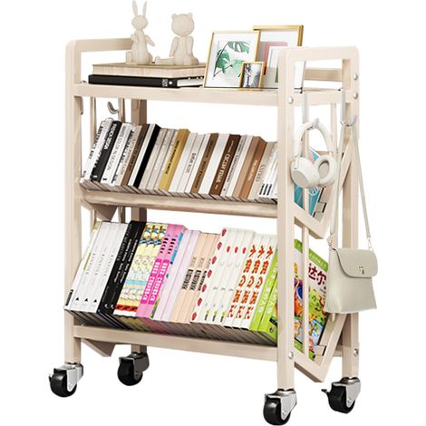 Chariot organisateur de livres avec roulettes, étagère métallique noire à 3 niveaux, 50 x 25 x 81,5 cm, avec crochets amovibles et roues avec frein, pour maison, bureau, salle de classe (blanc) (1/5)