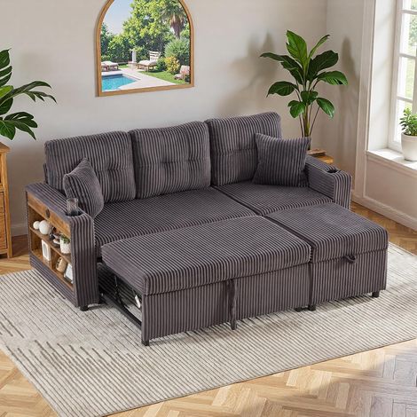 Canapé d'angle 3 places convertible avec port USB-C et éclairage LED – Rangement intégré et porte-gobelet – Velours côtelé gris foncé (1/5)