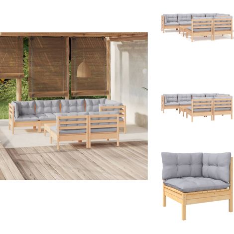 8-tlg. Garten-Lounge-Set mit Grauen Kissen Kiefer Massivholz - Garten Lounge Set - Outdoor Möbel - Rattan Gartenmöbel - Kiefernholzmöbel - Loungesessel (1/5)