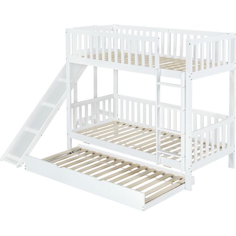 [530525678WAA]Lit superposé avec lit gigogne, lit enfant, avec barrière de sécurité, avec toboggan et étagères, avec échelle droite à 4 marches, pin+MDF, blanc, 90x200/190cm