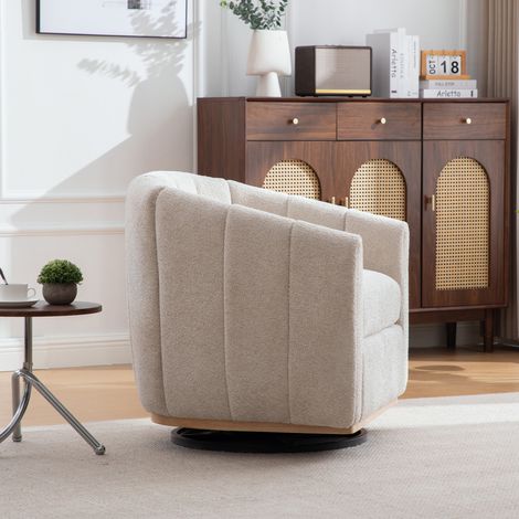 Pouf moderne en tissu Chenille beige, fauteuil club citrouille avec piètement métal, rotation 360°, rembourré à pompons, pour salon, chambre et lounge. (1/5)