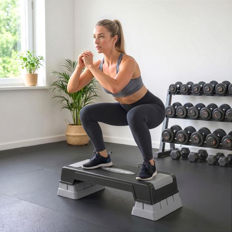 Stepper fitness aérobie 3 niveaux, hauteur réglable 12/17,5/22,5 cm, plaque antidérapante, charge max 250 kg, gris